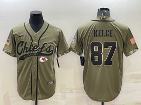 Wholesale Cheap Men\'s Kansas City Chiefs #87 Travis Kelce 2022 Olive Salute to Service Cool Base Stitched Baseball Jersey