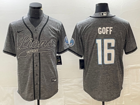 Men\'s Detroit Lions #16 Jared Goff Grey Gridiron With Patch Cool Base Stitched Baseball Jersey