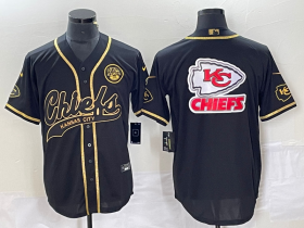 Wholesale Cheap Men\'s Kansas City Chiefs Big Logo Black Gold Cool Base Stitched Baseball Jersey