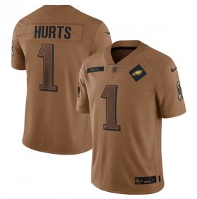 Wholesale Cheap Men\'s Philadelphia Eagles #1 Jalen Hurts 2023 Brown Salute To Service Limited Football Stitched Jersey