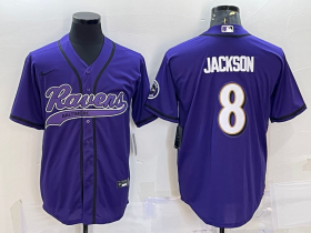Wholesale Cheap Men\'s Baltimore Ravens #8 Lamar Jackson Purple With Patch Cool Base Stitched Baseball Jersey
