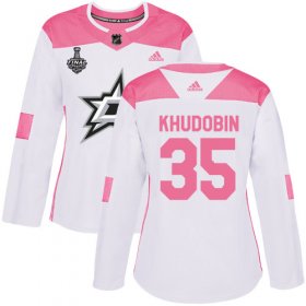 Cheap Adidas Stars #35 Anton Khudobin White/Pink Authentic Fashion Women\'s 2020 Stanley Cup Final Stitched NHL Jersey