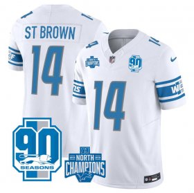 Cheap Men\'s Detroit Lions #14 Amon-Ra St. Brown White 2023 90th Anniversary North Division Champions Patch Limited Stitched Jersey