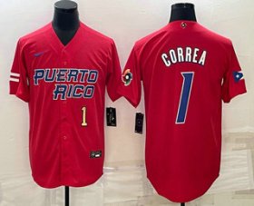 Cheap Men\'s Puerto Rico Baseball #1 Carlos Correa Number 2023 Red World Baseball Classic Stitched Jerseys