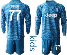 Wholesale Cheap Juventus #77 Buffon Light Blue Goalkeeper Long Sleeves Kid Soccer Club Jersey