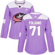 Wholesale Cheap Adidas Blue Jackets #71 Nick Foligno Purple Authentic Fights Cancer Women's Stitched NHL Jersey