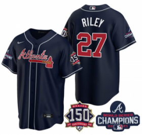 Wholesale Cheap Men\'s Navy Atlanta Braves #27 Austin Riley 2021 World Series Champions With 150th Anniversary Patch Cool Base Stitched Jersey