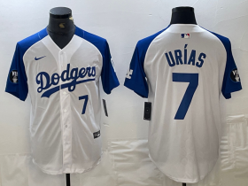 Cheap Men\'s Los Angeles Dodgers #7 Julio Urias Number White Blue Fashion Stitched Cool Base Limited Jerseys