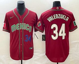 Cheap Men\'s Mexico Baseball #34 Fernando Valenzuela Number 2023 Red Blue World Baseball Classic Stitched Jersey