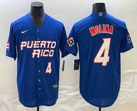 Cheap Men\'s Puerto Rico Baseball #4 Yadier Molina Number 2023 Blue World Baseball Classic Stitched Jersey