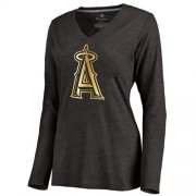 Wholesale Cheap Women's Los Angeles Angels of Anaheim Gold Collection Long Sleeve V-Neck Tri-Blend T-Shirt Black