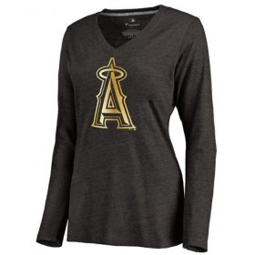 Wholesale Cheap Women\'s Los Angeles Angels of Anaheim Gold Collection Long Sleeve V-Neck Tri-Blend T-Shirt Black