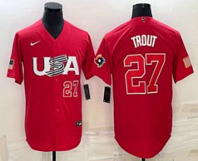 Cheap Men\'s USA Baseball #27 Mike Trout Number 2023 Red World Classic Stitched Jersey1