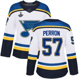 Wholesale Cheap Adidas Blues #57 David Perron White Road Authentic Stanley Cup Champions Women\'s Stitched NHL Jersey