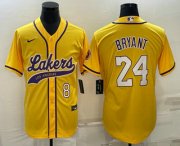 Cheap Men's Los Angeles Lakers #8 #24 Kobe Bryant Yellow With Patch Cool Base Stitched Baseball Jersey