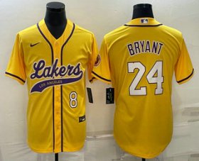 Cheap Men\'s Los Angeles Lakers #8 #24 Kobe Bryant Yellow With Patch Cool Base Stitched Baseball Jersey