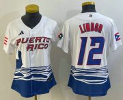 Cheap Women's Puerto Rico Baseball #12 Francisco Lindor 2023 White World Classic Stitched Jersey