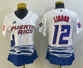 Cheap Women\'s Puerto Rico Baseball #12 Francisco Lindor 2023 White World Classic Stitched Jersey