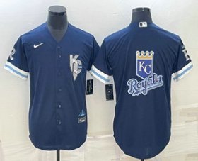Cheap Men\'s Kansas City Royals Big Logo 2022 Navy Blue City Connect Cool Base Stitched Jersey