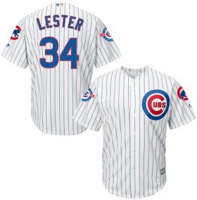 Wholesale Cheap Cubs #34 Jon Lester White Strip New Cool Base with 100 Years at Wrigley Field Commemorative Patch Stitched MLB Jersey
