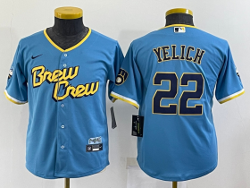 Wholesale Cheap Youth Milwaukee Brewers #22 Christian Yelich Blue 2022 City Connect Cool Base Stitched Jersey