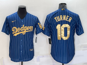Wholesale Men\'s Los Angeles Dodgers #10 Justin Turner Navy Blue Gold Pinstripe Stitched MLB Cool Base Nike Jersey