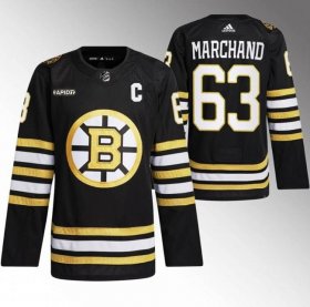Cheap Men\'s Boston Bruins #63 Brad Marchand Black With Rapid7 Patch 100th Anniversary Stitched Jersey