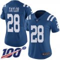 Wholesale Cheap Nike Colts #28 Jonathan Taylor Royal Blue Women's Stitched NFL Limited Rush 100th Season Jersey