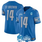 Cheap Men's Detroit Lions #14 Amon-Ra St. Brown Blue 2023 90th Anniversary North Division Champions Patch Limited Stitched Jersey