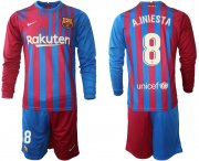 Wholesale Cheap Men 2021-2022 Club Barcelona home red blue Long Sleeve 8 Nike Soccer Jerseys