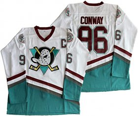 Wholesale Cheap Men\'s Anaheim Ducks #96 Charlie Conway Mighty Ducks Movie 1995-96 White Green Ice Hockey Jerseys