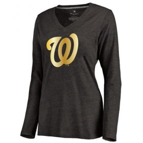 Wholesale Cheap Women\'s Washington Nationals Gold Collection Long Sleeve V-Neck Tri-Blend T-Shirt Black
