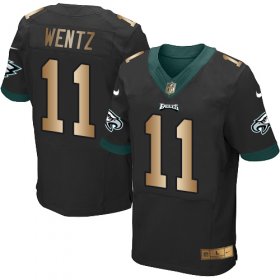 Wholesale Cheap Nike Eagles #11 Carson Wentz Black Alternate Men\'s Stitched NFL New Elite Gold Jersey
