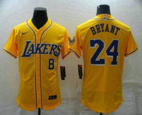 Cheap Men\'s Los Angeles Lakers Front #8 Back #24 Kobe Bryant Yellow Cool Base Stitched Baseball Jersey