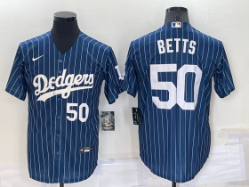 Wholesale Cheap Men\'s Los Angeles Dodgers #50 Mookie Betts Number Navy Blue Pinstripe Stitched MLB Cool Base Nike Jersey