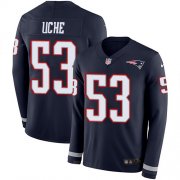 Wholesale Cheap Nike Patriots #53 Josh Uche Navy Blue Team Color Men's Stitched NFL Limited Therma Long Sleeve Jersey