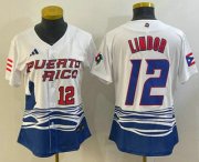 Cheap Women's Puerto Rico Baseball #12 Francisco Lindor Number 2023 White World Classic Stitched Jerseys