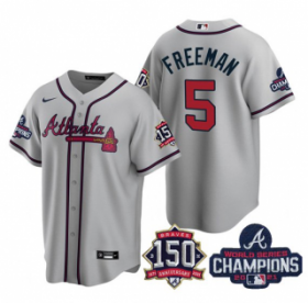Wholesale Cheap Men\'s Navy Atlanta Braves #5 Freddie Freeman 2021 World Series Champions With 150th Anniversary Patch Cool Base Stitched Jersey