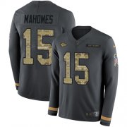 Wholesale Cheap Nike Chiefs #15 Patrick Mahomes Anthracite Salute to Service Youth Stitched NFL Limited Therma Long Sleeve Jersey