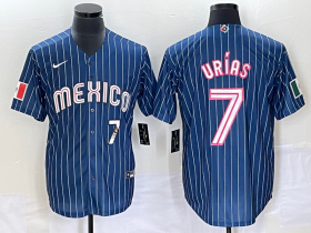 Wholesale Cheap Men\'s Mexico Baseball #7 Julio Urias Number Navy Blue Pinstripe 2020 World Series Cool Base Nike Jersey