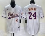 Wholesale Cheap Men's Los Angeles Lakers #8 #24 Kobe Bryant White Pinstripe With Patch Cool Base Stitched Baseball Jersey