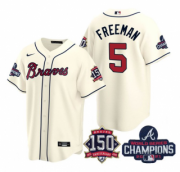 Wholesale Cheap Men's Cream Atlanta Braves #5 Freddie Freeman 2021 World Series Champions With 150th Anniversary Patch Cool Base Stitched Jersey