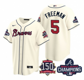 Wholesale Cheap Men\'s Cream Atlanta Braves #5 Freddie Freeman 2021 World Series Champions With 150th Anniversary Patch Cool Base Stitched Jersey