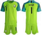 Wholesale Cheap Brazil #1 Alisson Shiny Green Goalkeeper Soccer Country Jersey