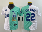 Wholesale Cheap Youth Los Angeles Dodgers #22 Bad Bunny White Green Two Tone 2022 Celebrity Softball Game Cool Base Jersey2