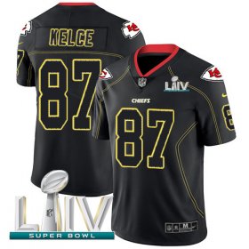 Wholesale Cheap Nike Chiefs #87 Travis Kelce Lights Out Black Super Bowl LIV 2020 Men\'s Stitched NFL Limited Rush Jersey