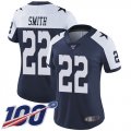 Wholesale Cheap Nike Cowboys #22 Emmitt Smith Navy Blue Thanksgiving Women's Stitched NFL 100th Season Vapor Throwback Limited Jersey
