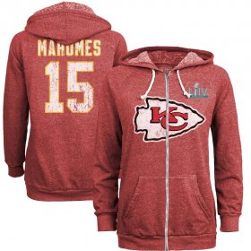 Wholesale Cheap Women\'s Kansas City Chiefs #15 Patrick Mahomes NFL Red Super Bowl LIV Bound Player Name & Number Full-Zip Hoodie