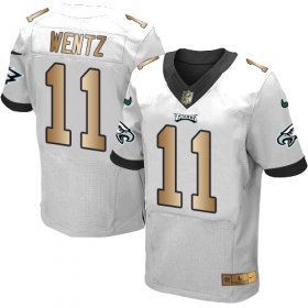 Wholesale Cheap Nike Eagles #11 Carson Wentz White Men\'s Stitched NFL New Elite Gold Jersey