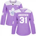 Wholesale Cheap Adidas Maple Leafs #31 Frederik Andersen Purple Authentic Fights Cancer Women's Stitched NHL Jersey